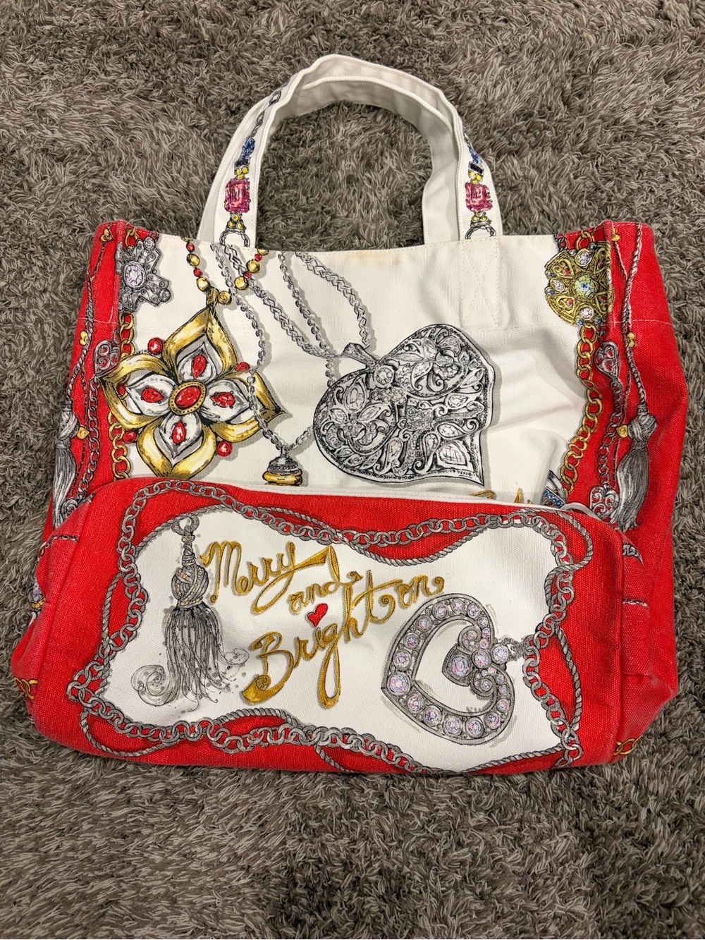 Brighton Red and White Canvas Tote with Jewelry Motif